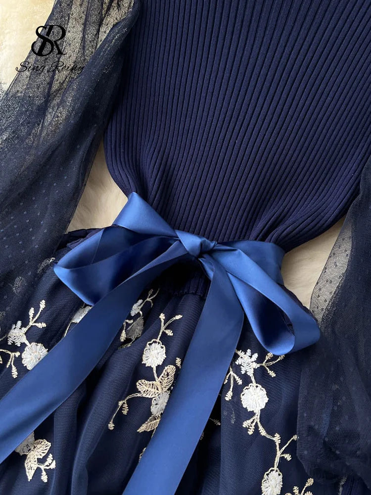 SINGREINY Spring Floral Knitted Long Dress