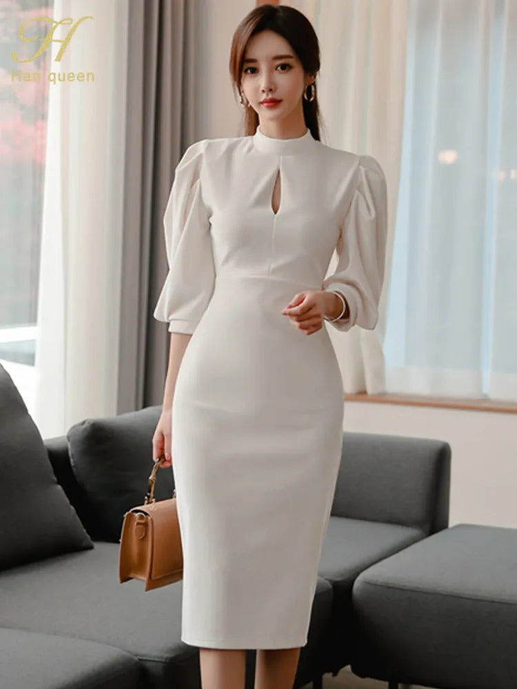 H Han Queen Autumn Fashion Midi Dress with Puff Sleeves and Stand Collar - Slim Fit, Solid Color, Casual Style