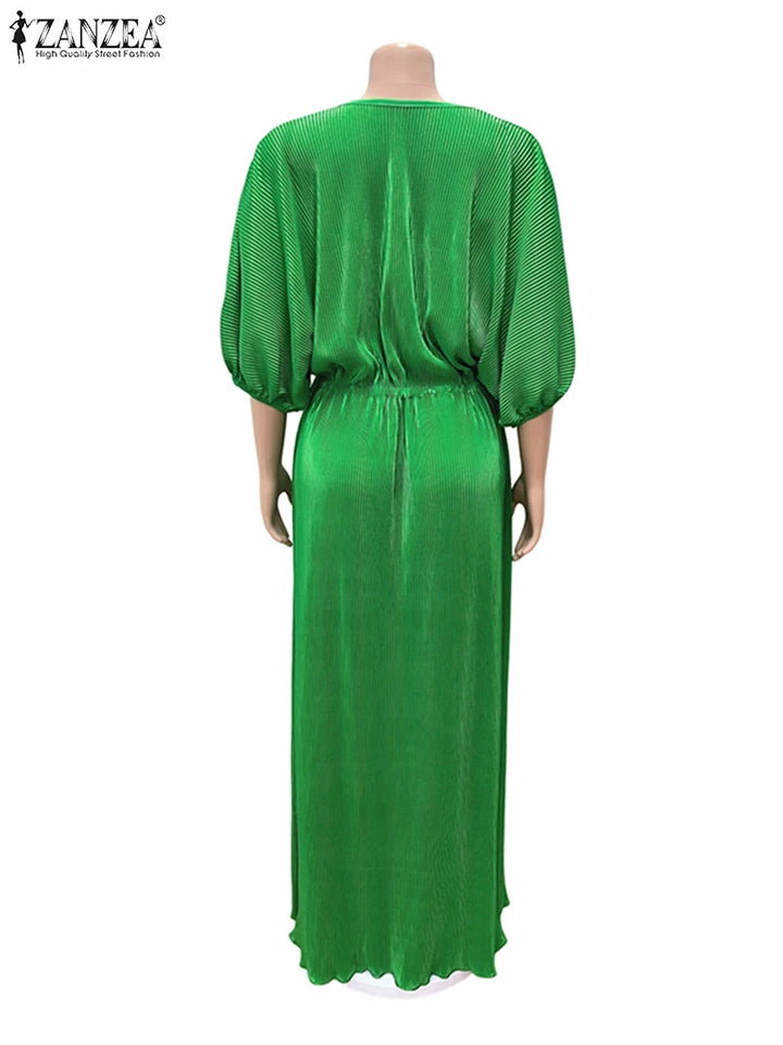 ZANZEA Elegant Maxi Dress - O-neck, Bat Sleeve, Pleated Design for Women - Perfect for Parties, Holidays, and Everyday Wear!