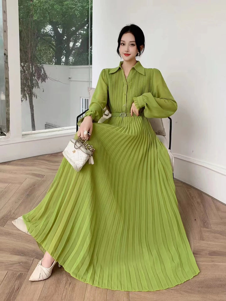 Spring Autumn Women's Fashion Chiffon Pleated Dress