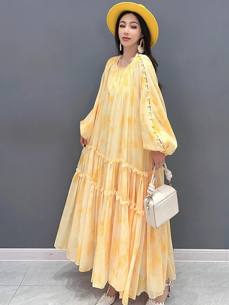 Elegant Chiffon Printed Dress - Spring/Summer 2024 Collection - Loose Fit - Long Sleeve - SHENGPALAE