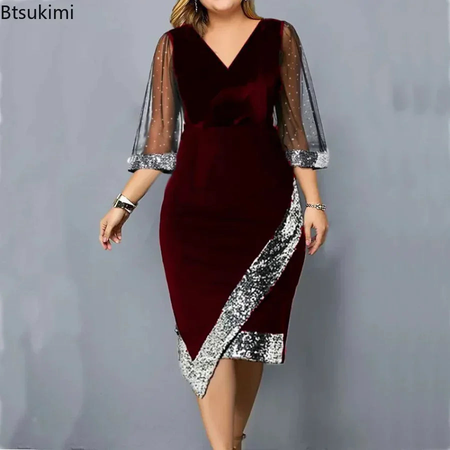 New 2024 Women's Casual Dress Golden Velvet Irregular Sequin Perspective Mesh Dress Female Oversized Fat Ladies Dress Vestidos