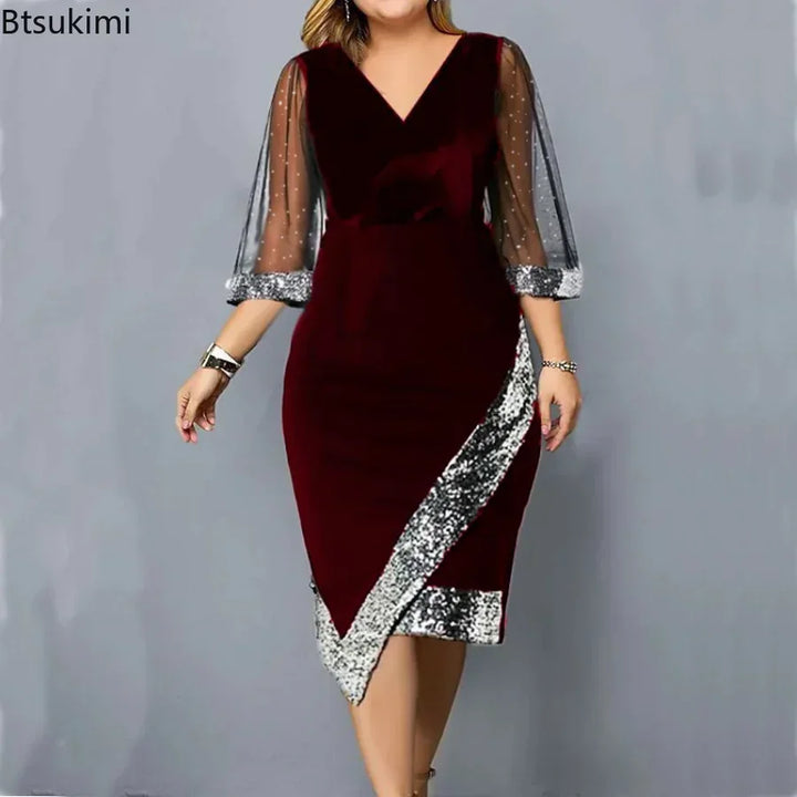 New 2024 Women's Casual Dress Golden Velvet Irregular Sequin Perspective Mesh Dress Female Oversized Fat Ladies Dress Vestidos