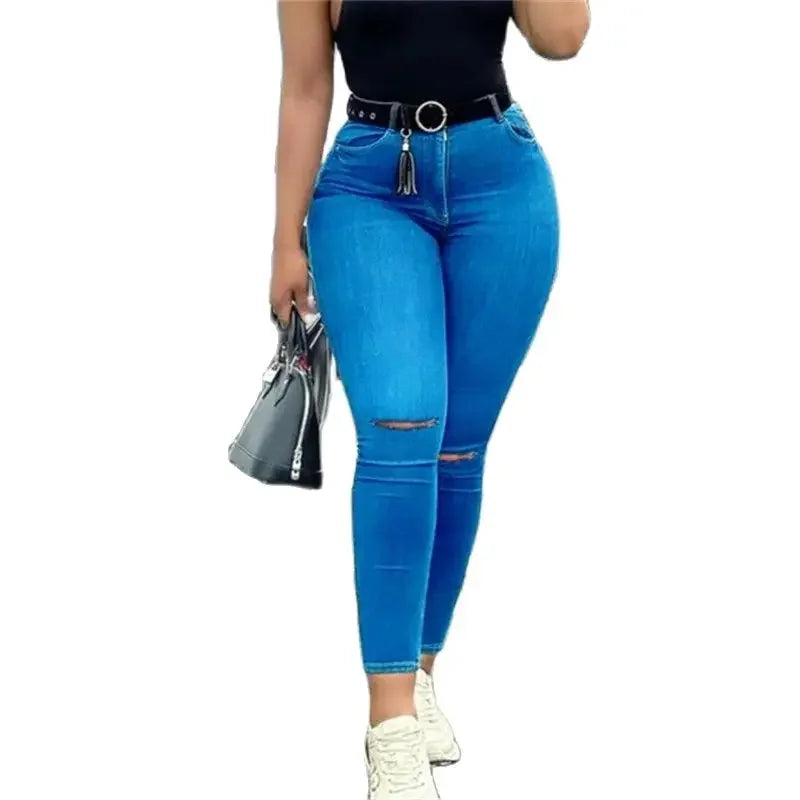 Flattering High Waist Pencil Jeans with Broken Holes - Perfect for Office or Casual Wear