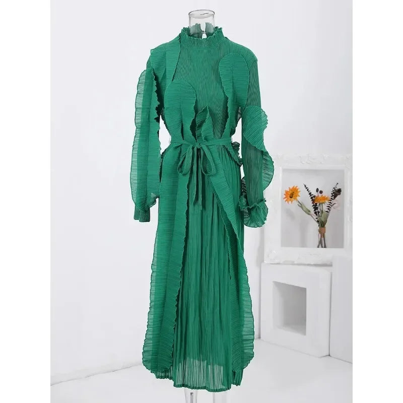 Elegant YUDX Miyake Pleated Ruffles Dress with Belt - 2024 Spring Collection