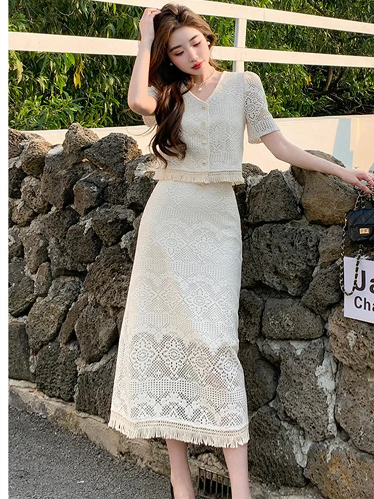 Korean Fashion Lace Two Piece Set - V-neck Blouse + High Waist Skirt - Summer Y2k Style