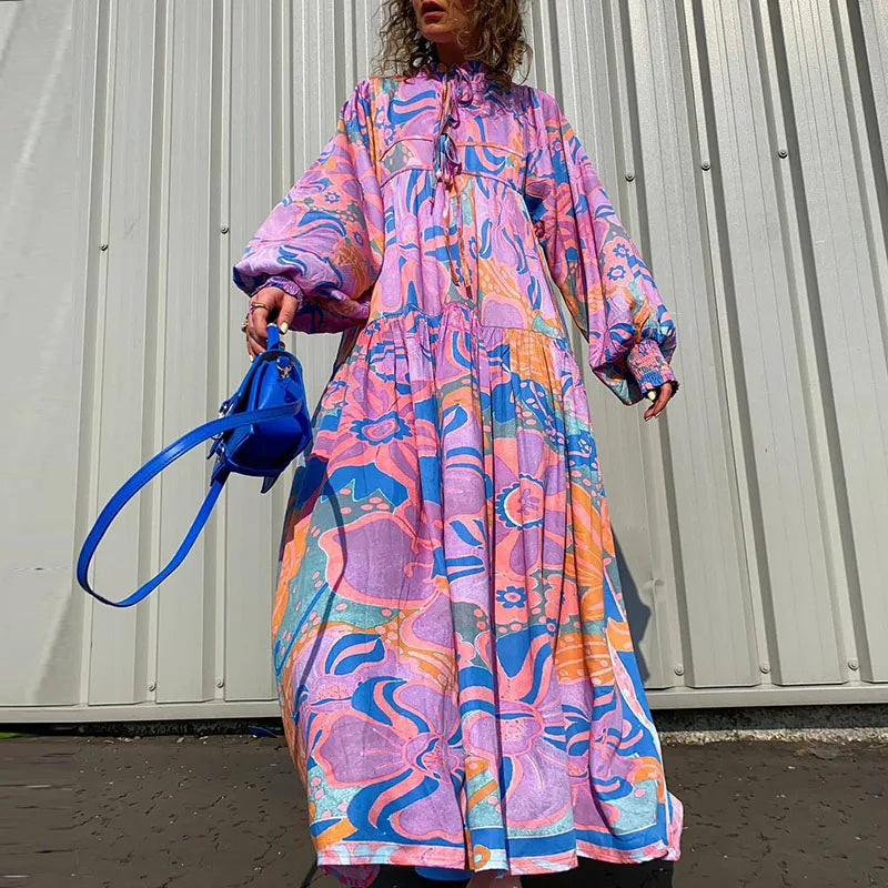 Boho Floral Print Maxi Dress - Vintage Style, Loose Fit, A-Line - Autumn Fashion