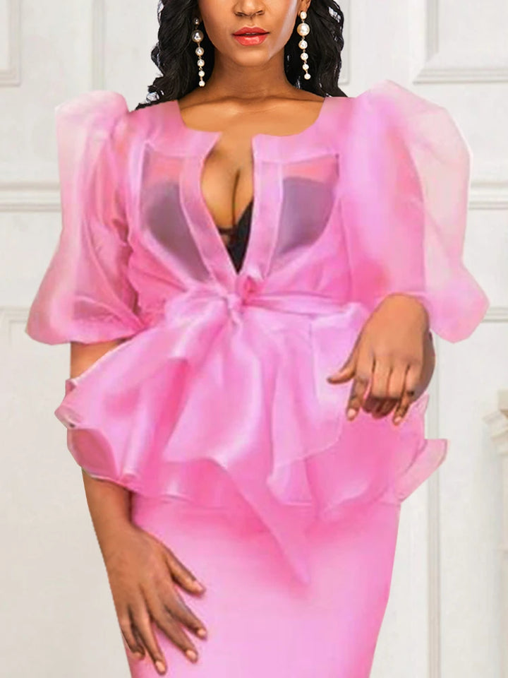 Stunning Sheer Blouse with Sashes and Lantern Sleeves - Perfect for Any Occasion!