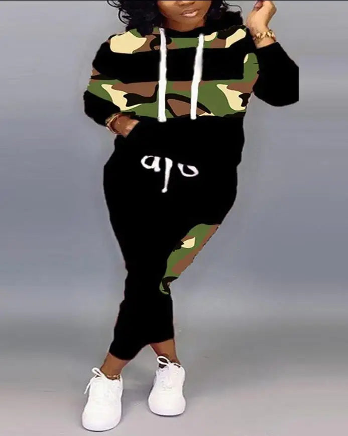 Plus Size Camo Hoodie & Sweatpants Set - Casual Sporty Outfit for Women