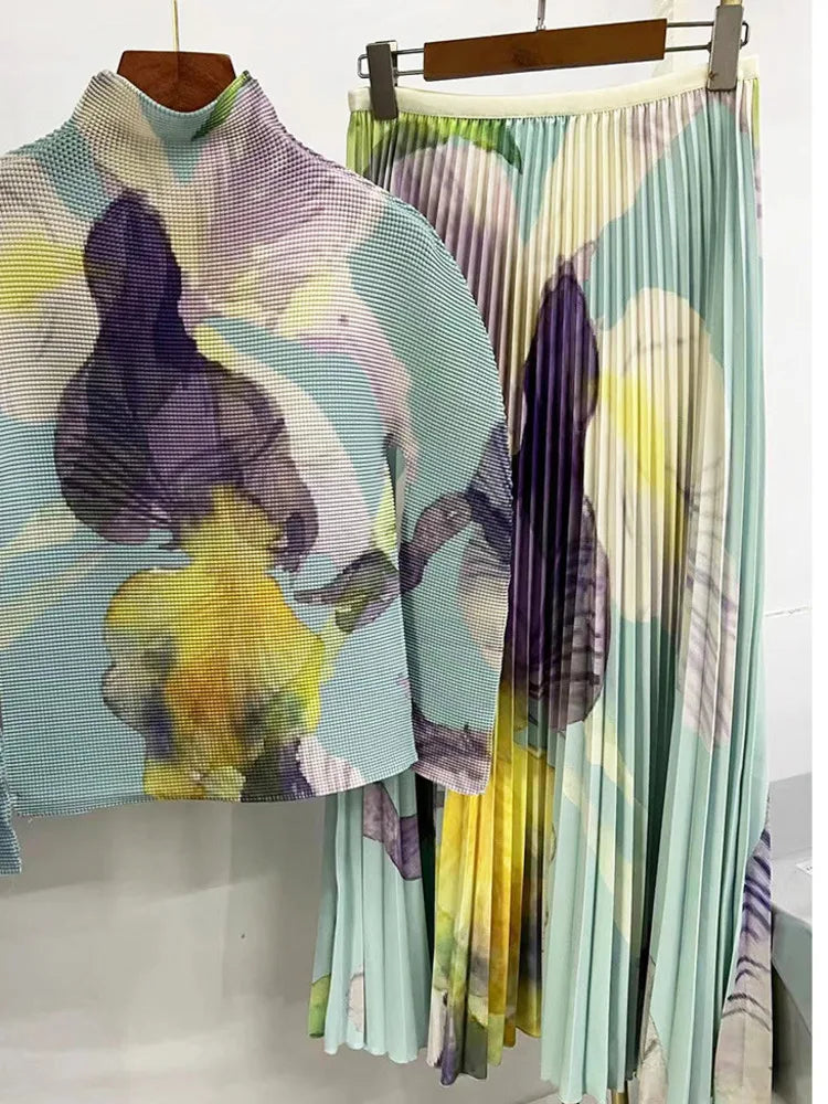 Y2K Pleated Print Two Piece Set