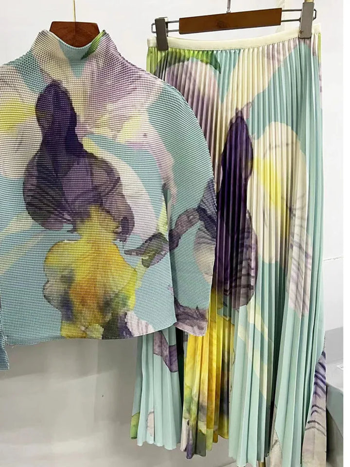 Y2K Pleated Print Two Piece Set