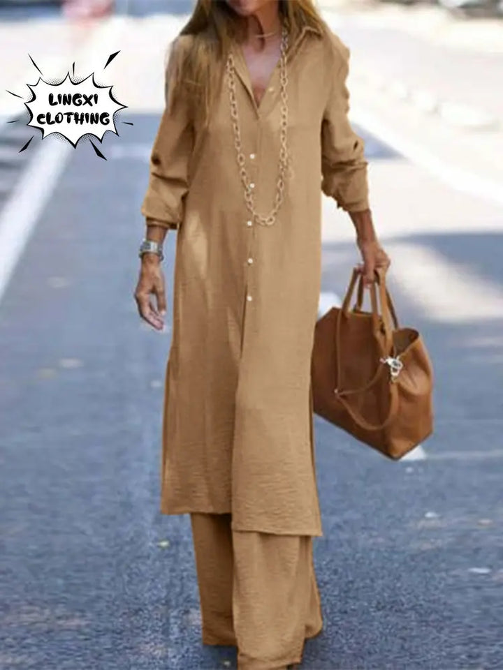 Upgrade Your Autumn Style with Our Long Sleeve Shirt and Wide Leg Pants Set - Sizes Up to Large!