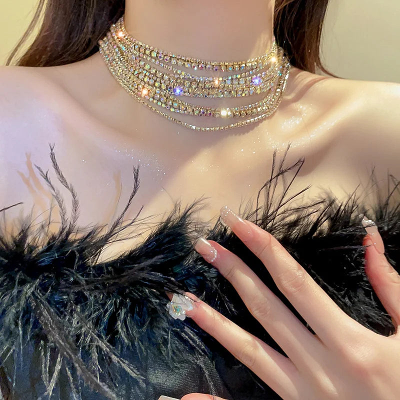 FYUAN Crystal Choker Necklaces - Multilayer Rhinestone Statements Jewelry for Women