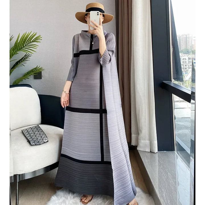 Elegant Spring Pleated Dress - Color Block, Full Sleeved, Casual Evening Party, Women's 2023 New Collection