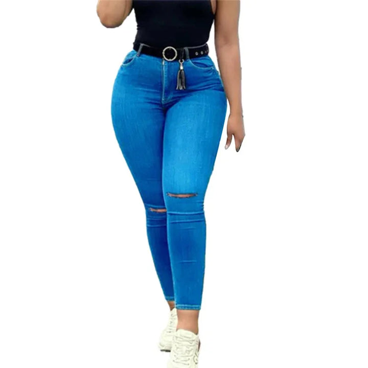 Flattering High Waist Pencil Jeans with Broken Holes - Perfect for Office or Casual Wear