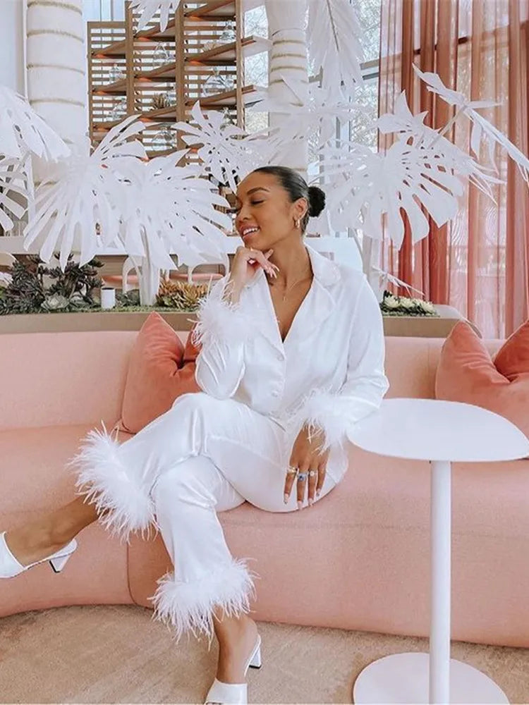 Stylish Feather Trim Two-Piece Set for Women - Perfect for Fall Parties and Office Wear!