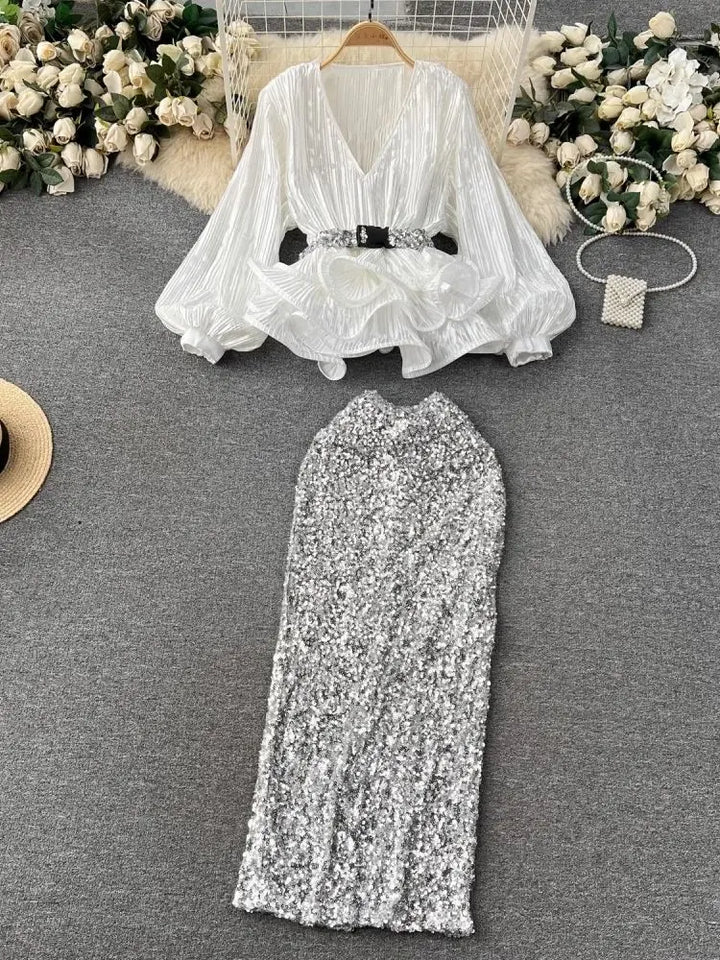Sparkle in Style: 2-Piece Sequined Set - V Neck, Lantern Sleeves, Belt, Ruffles, Elastic Waist Skirt