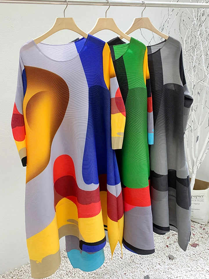 Miyake Pleated Contrast Color Dress Women's Round Neck Loose Irregular Printing Dresses Female 2023 Autumn Summer Prom Dresses