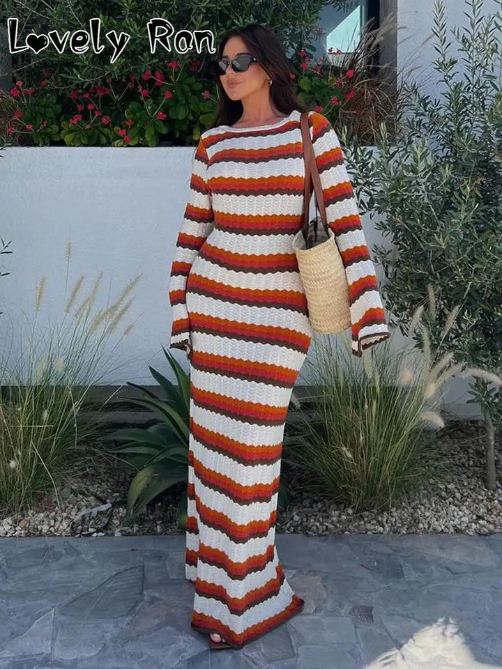 Elegant Striped Maxi Dress with Horn Sleeves for Women - Perfect for Beach, Holiday, and Evening Parties