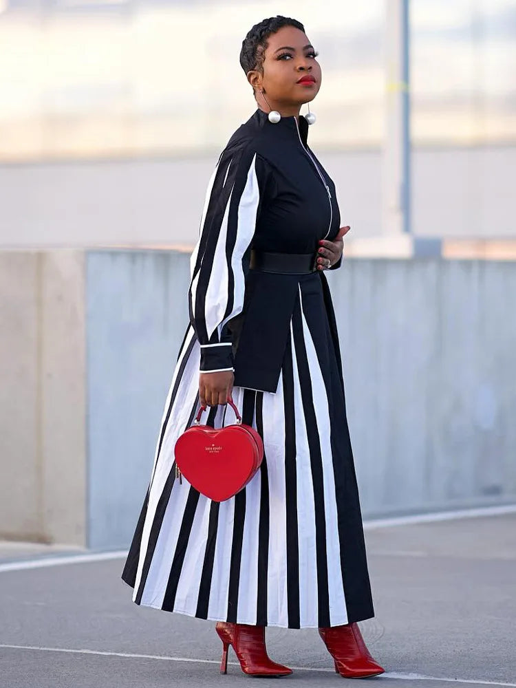 Stripe Maxi Dress with Ruffle Hem & Lantern Sleeves - Spring/Autumn Party Evening Wear