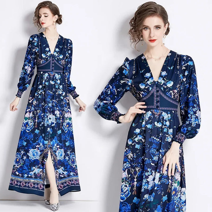 Vintage Floral Print Maxi Dress - Elegant A-line for Women's Party & Vacation