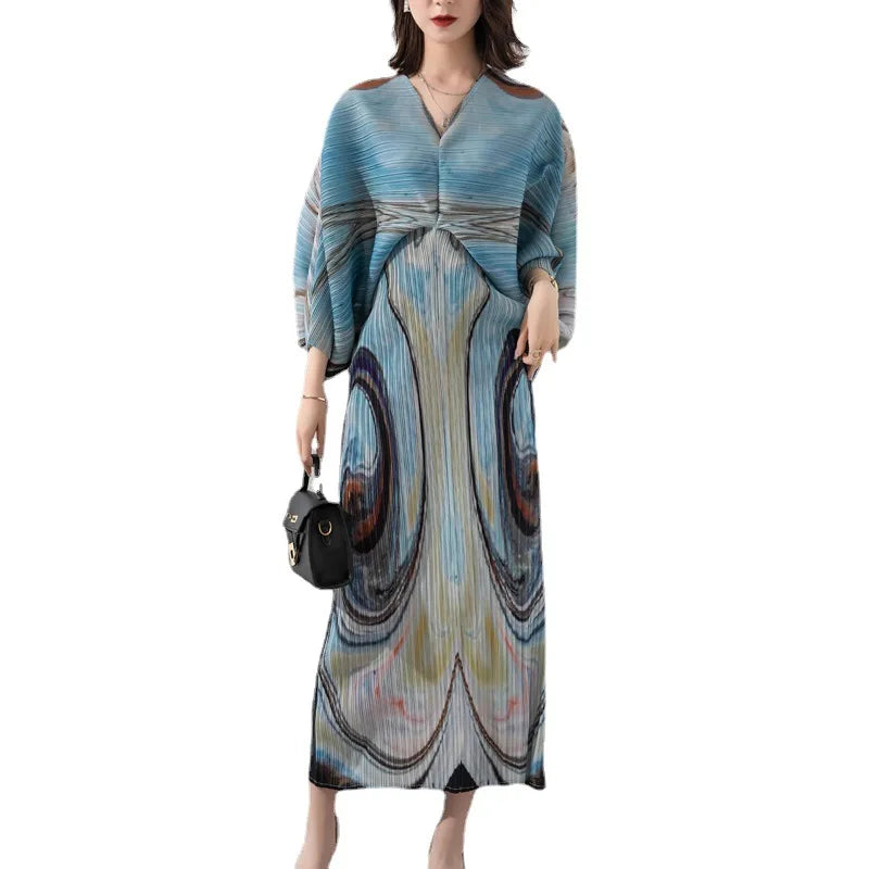 2022 Spring/Summer Miyake Pleated Dress - Bat Sleeve, Large Size, Fashion Print