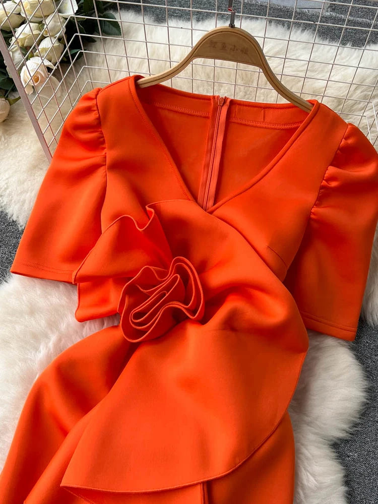 XFPV Women V-neck 3D Flower Ruffle Dress Y2K Sweet Korea Spring Summer 2023