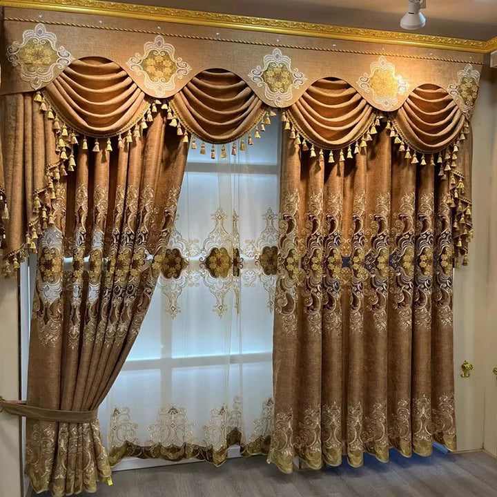 Embroidered Luxury Chenille Curtains for Living Room Bedroom Villa Noble Coffee Valance Tulle Shading High-end Customization