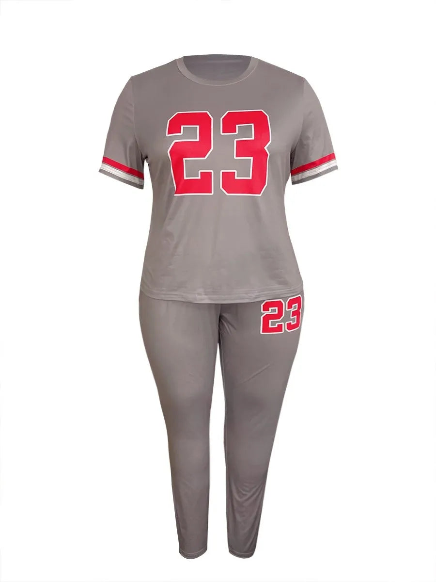 Digital Print Plus Size Tracksuit Set - Short Sleeve Sweatshirt & Skinny Pants