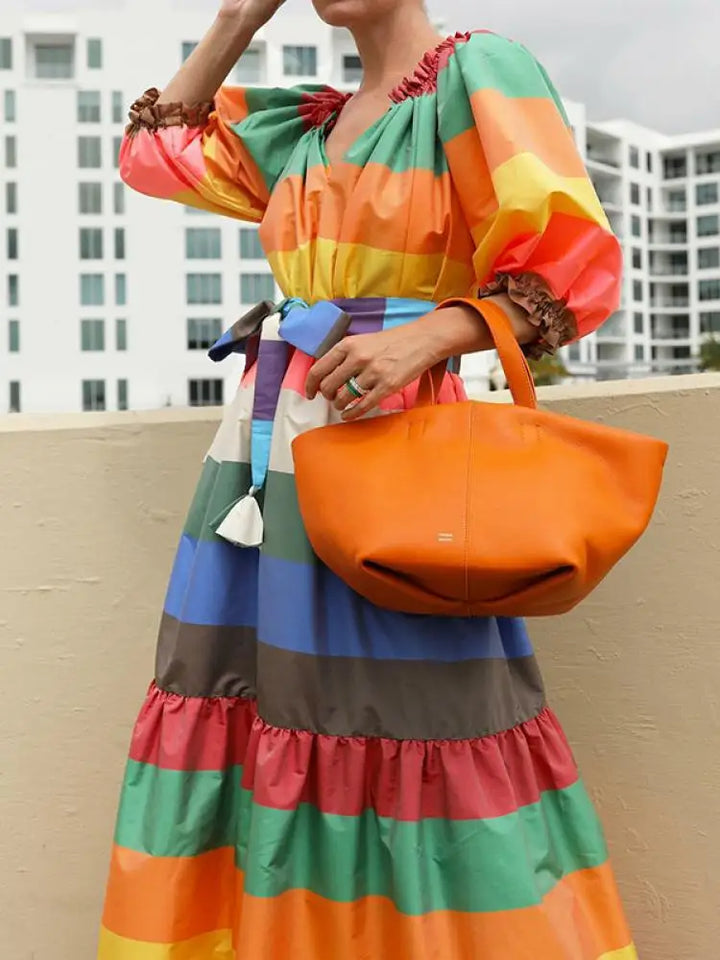 Elegant Multicolor Striped Maxi Dress with Puff Sleeves and V-Neck for Women - Perfect for Parties and Special Occasions