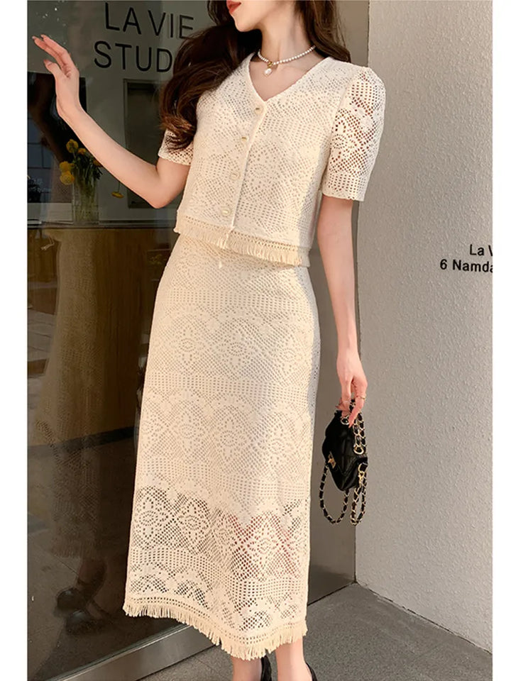 Korean Fashion Lace Two Piece Set - V-neck Blouse + High Waist Skirt - Summer Y2k Style