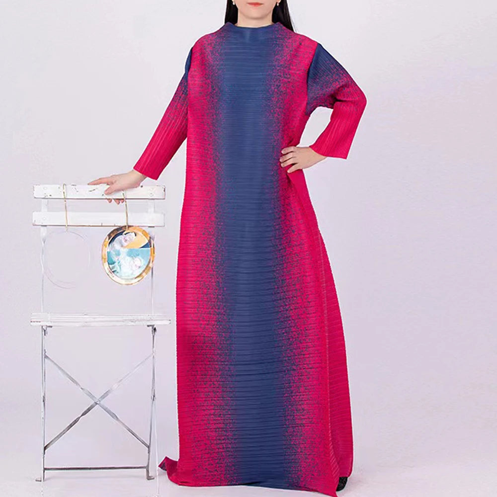 ANLAN Pleated Maxi Dress - Contrast Color O-Neck Long Sleeve - 2024 New Collection - One Size (Unit:cm)
