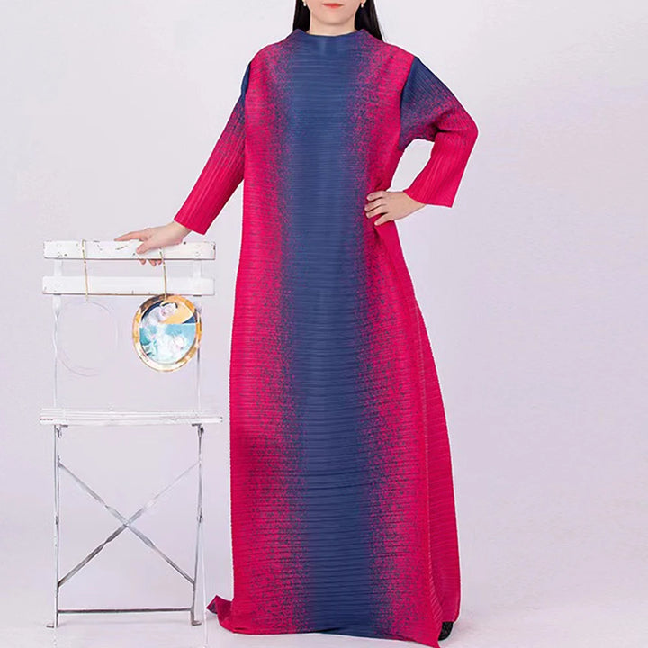ANLAN Pleated Maxi Dress - Contrast Color O-Neck Long Sleeve - 2024 New Collection - One Size (Unit:cm)