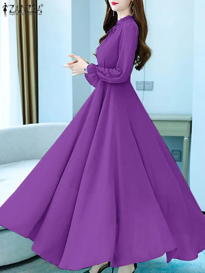 ZANZEA Women's A-Line Long Dress with Ruffles and Hollow Out Neck - Autumn 2024 Collection