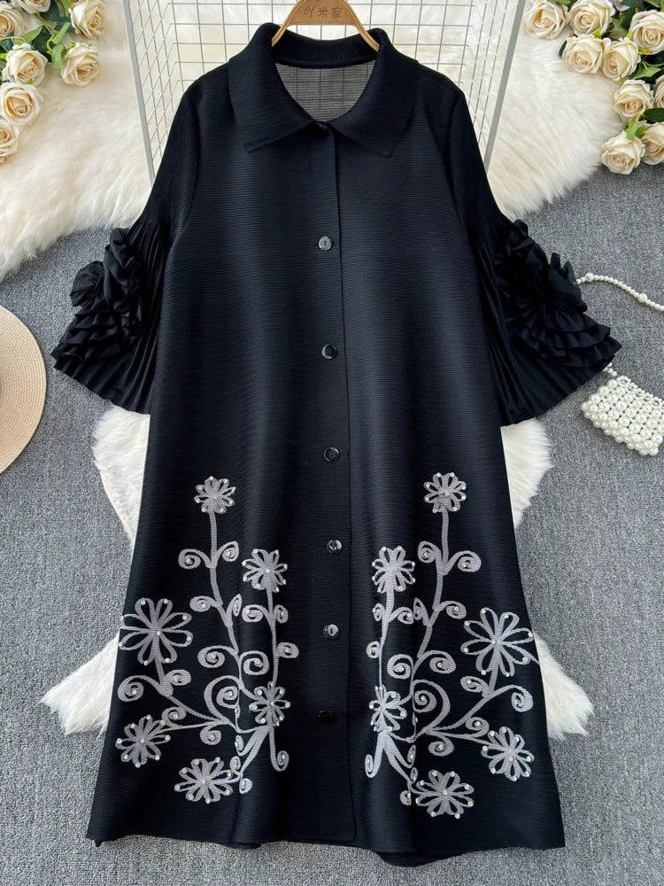 Fashion Print Pleated Dress - Floral Sleeves Design