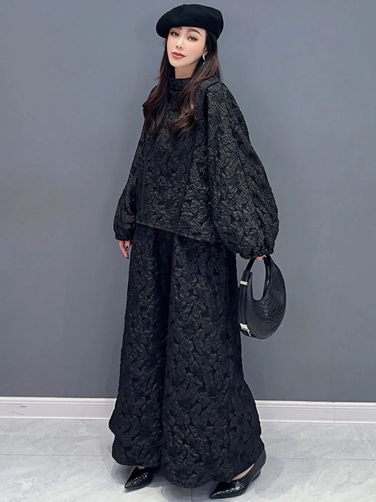 SHENGPALAE Fashion Women's Jacquard 2 Piece Set Casual Full Sleeve Patchwork Pullover Tops Spring 2024 New Wide Leg Pants 5R8783