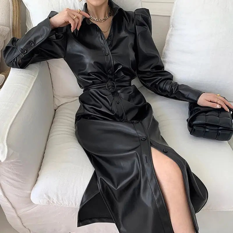 Chic PU Leather Motorcycle Dress - High Waist, Long Split Sleeves, Belted - Women's Autumn Collection