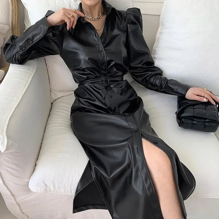 Chic PU Leather Motorcycle Dress - High Waist, Long Split Sleeves, Belted - Women's Autumn Collection