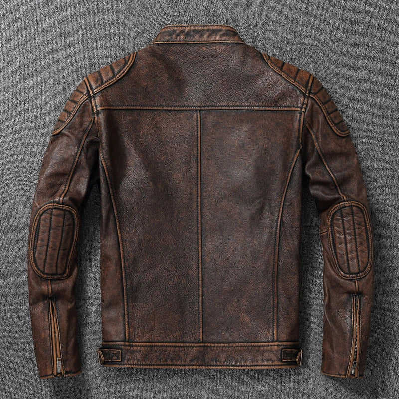 Men's 100% Cowhide Leather Jacket | Autumn/Winter | Stand Collar | Plus Size | Asian Sizing
