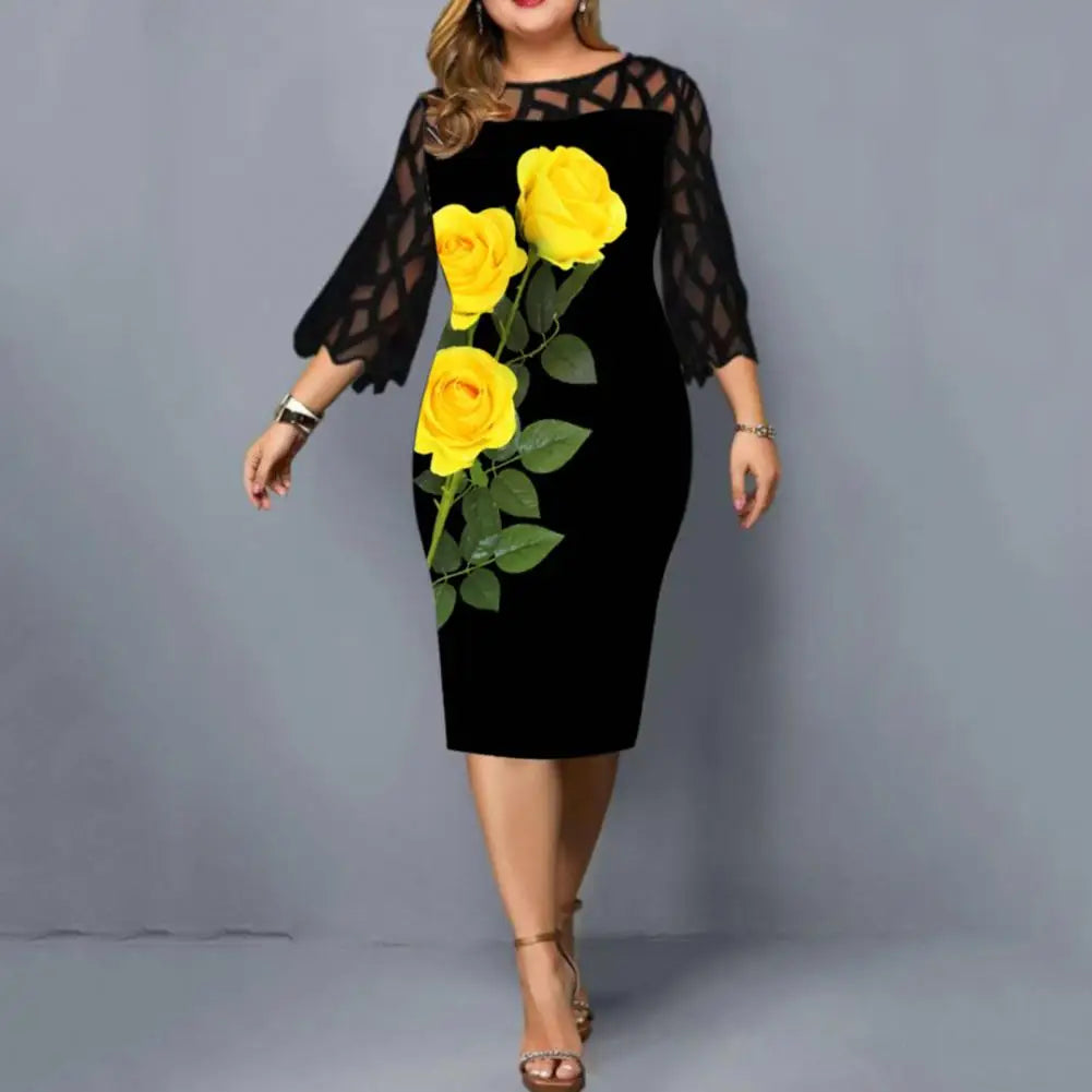 Plus Size  Soft Ladies Fashion Dress Evening Party Dress Flared Sleeve Women Dress Lace Stitching   Daily Wear