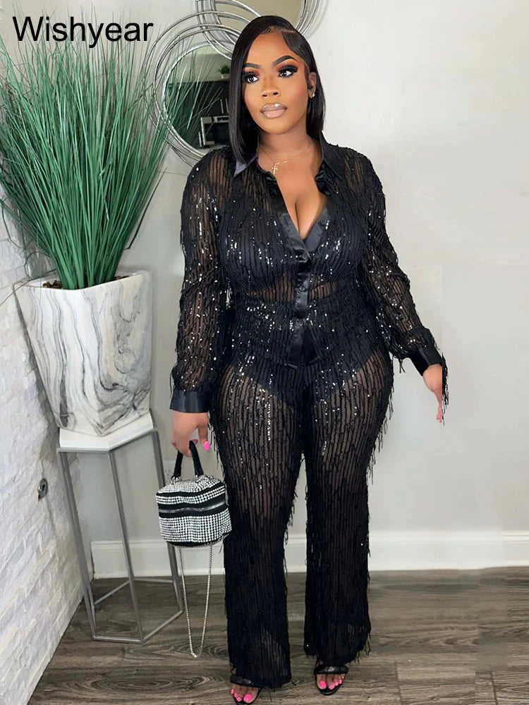 Sparkle in Style: Sexy Two-Piece Sequin Tracksuit with See-Through Top & Pants
