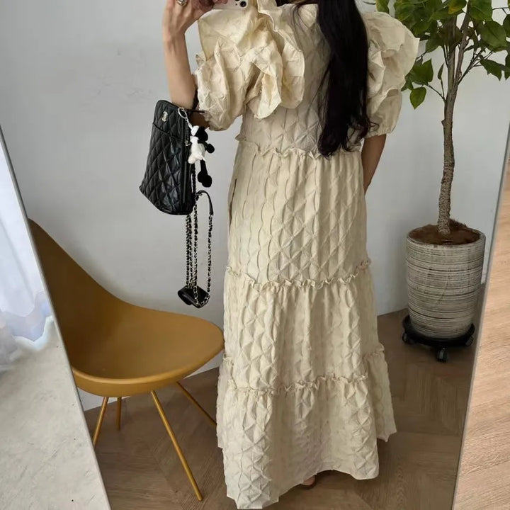 Korean Summer White V Neck Ruffles Midi Dress
