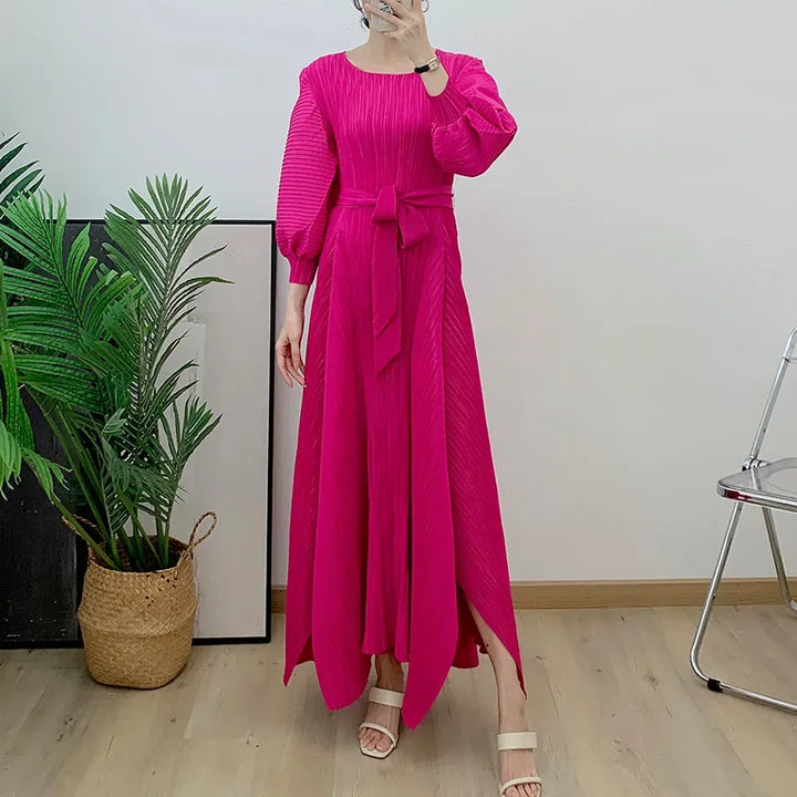 2023 New Pleated Maxi Dress with Lantern Sleeves and Belt for Women - Formal O-Neck Fashion