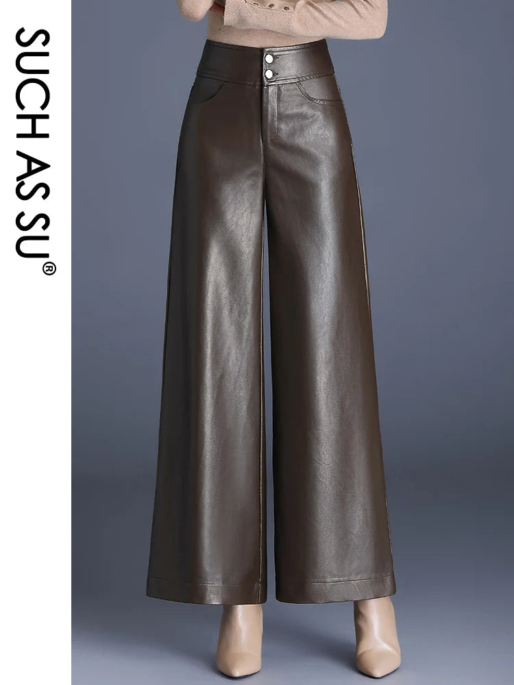 Slim Fit PU Leather Ankle-Length Culottes with Elastic Waist and Pockets - High Quality Women's Pants