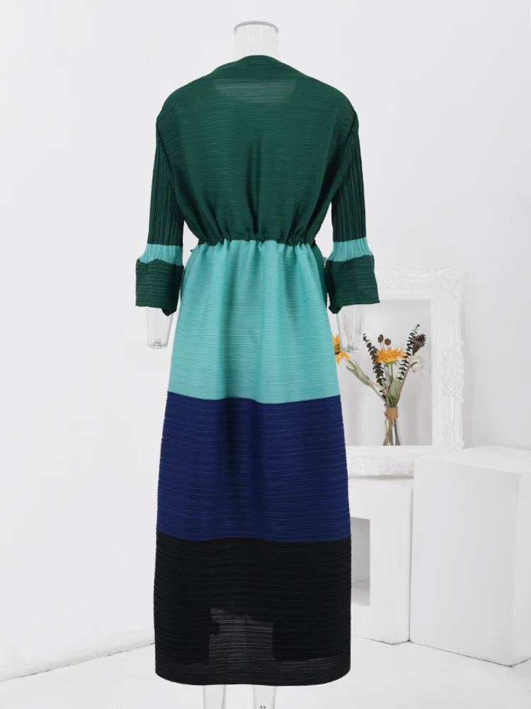 Stylish Color Block Pleated Dress for Women | Spring 2024 Fashion | Drawstring Waist | 32C511