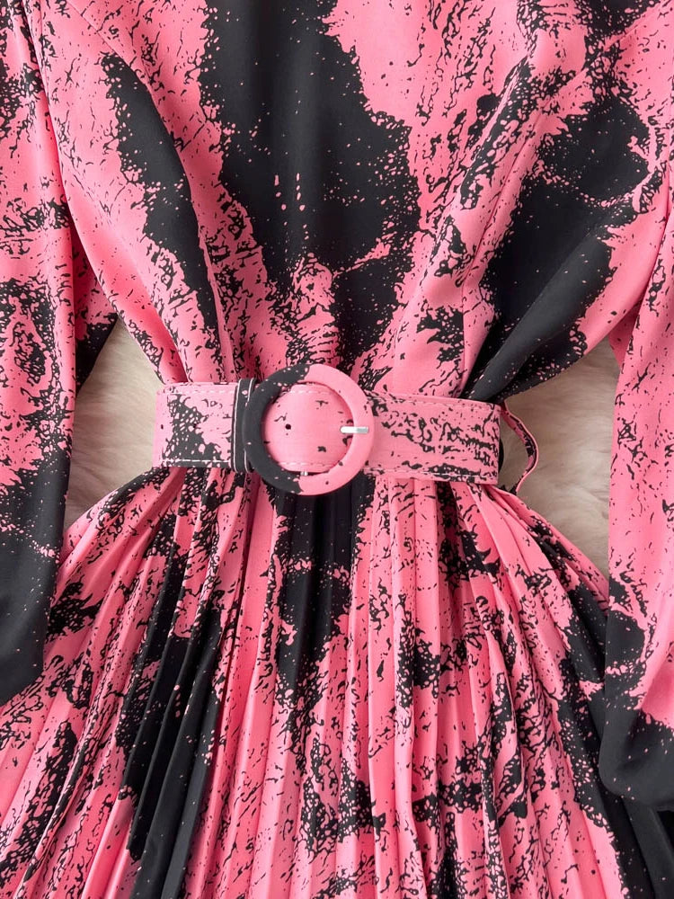 Vintage Printed Pleated Dress - Women's Size D2038