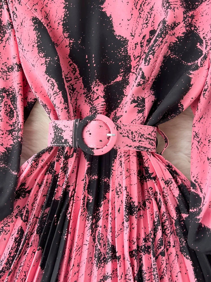 Vintage Printed Pleated Dress - Women's Size D2038