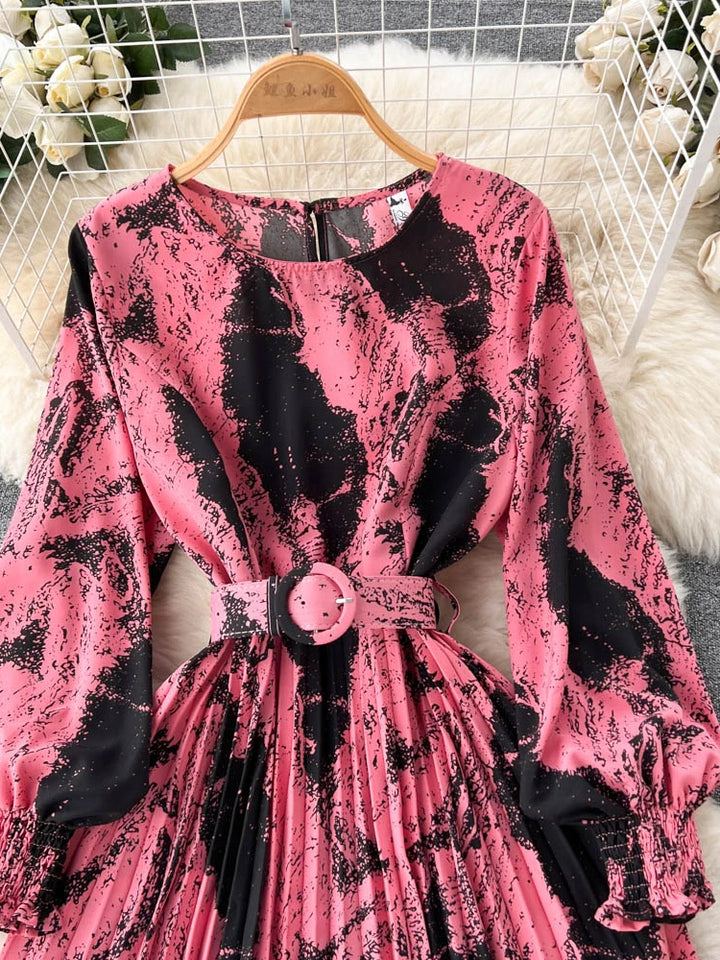 Vintage Printed Pleated Dress - Women's Size D2038