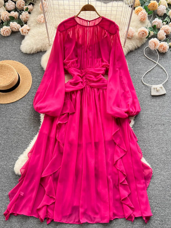 Chic A-Line Chiffon Dress with Puff Sleeves for Women - Aibeautyer