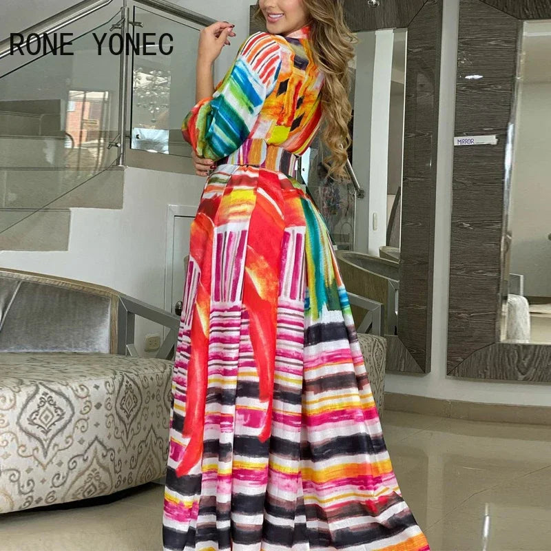 Colorful Tie Dye Maxi Dress with Elegant Lantern Sleeves and Sashes - Women's